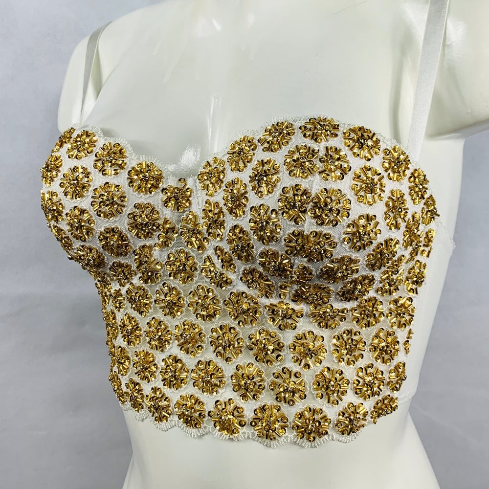 Gold beaded on white bra crop top bustier corset
